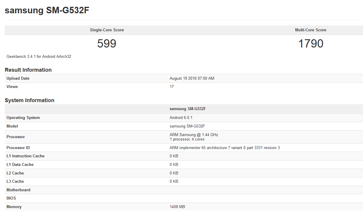 The Samsung Galaxy Grand Prime (2016) is run through Geekbench - Samsung Galaxy Grand Prime (2016) hits Geekbench, reveals quad-core CPU and 1.5GB of RAM on board