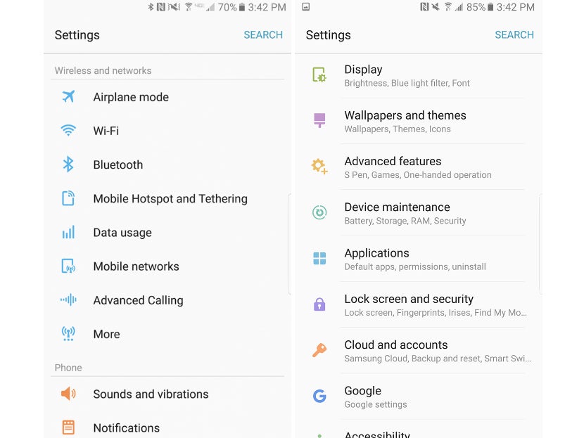 Verizon Galaxy Note 7 Settings menu (left) vs. T-Mobile Galaxy Note 7 Settings menu (right) - Verizon's Samsung Galaxy Note 7 seems to be the worst version that you can get (software-wise)
