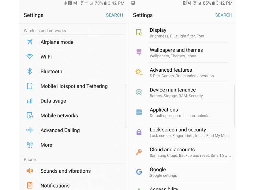 Verizon Galaxy Note 7 Settings menu (left) vs. T-Mobile Galaxy Note 7 Settings menu (right) - Verizon&#039;s Samsung Galaxy Note 7 seems to be the worst version that you can get (software-wise)