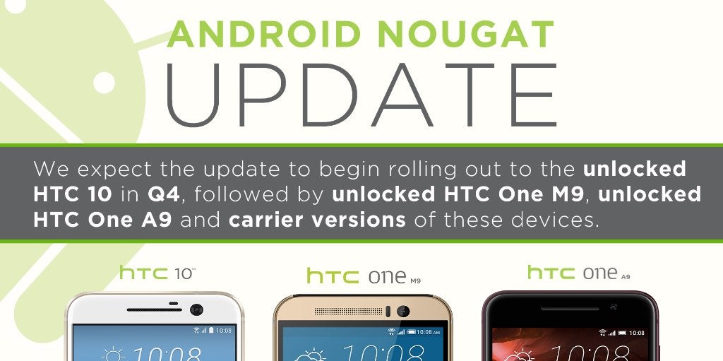 HTC 10 should be updated to Android 7.0 Nougat in Q4, One M9 and A9 will follow
