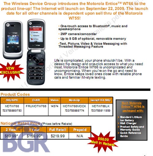 Motorola Entice W766 to be available at Verizon September 22nd?