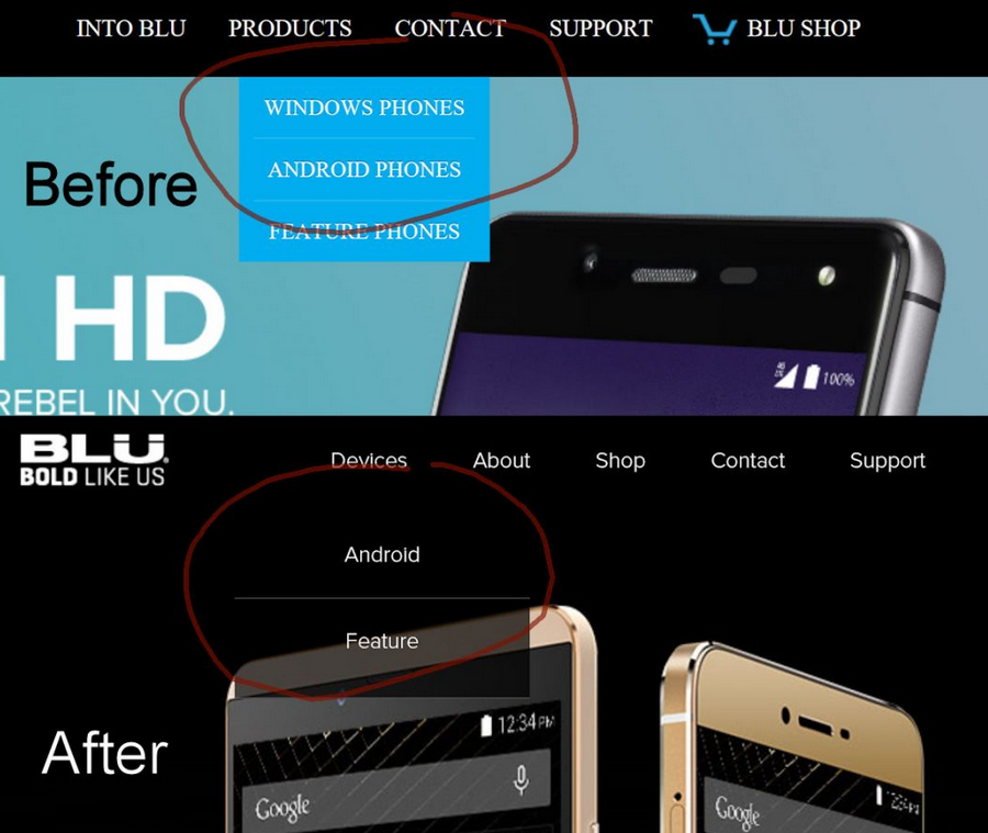 BLU&#039;s new website design on bottom, reveals that the company is giving up on Windows Phone - Microsoft feeling BLU? South Florida manufacturer pulls Windows Phone from its website