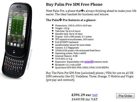 "Sim-free" Palm Pre pops up in the UK for two online retailers