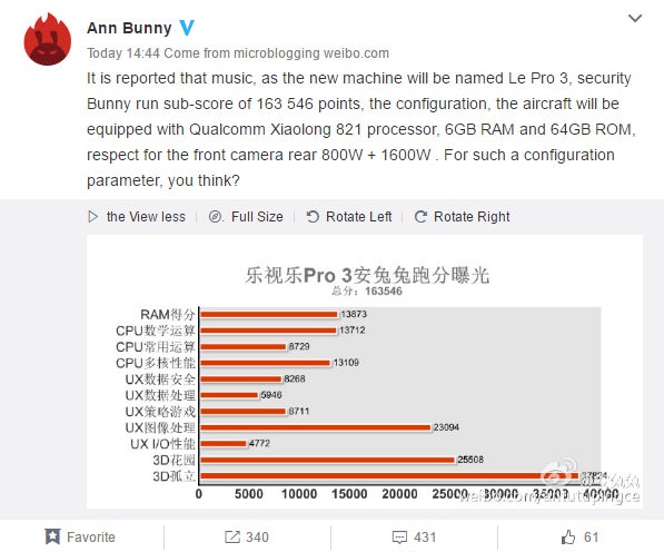 LeEco's monster Le Pro 3 checks through AnTuTu with a score of 163,546