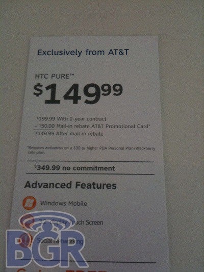 The AT&amp;amp;T Pure will cost $149.99 after MIR&quot; - UPDATED: A trio of hot smartphones coming soon to AT&amp;T?