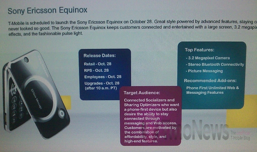 Middle of the road Sony Ericsson Equinox to debut October 28 for T-Mobile
