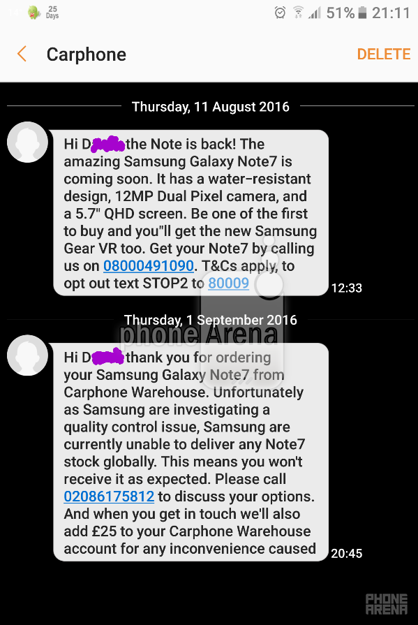 Carephone Warehouse gives customers who ordered the Galaxy Note 7 &amp;pound;25 for the inconvenience of waiting through Samsung&#039;s shipping halt - Carphone Warehouse gives those who ordered the Galaxy Note 7 £25 for the shipping delay
