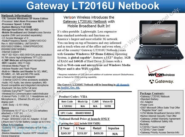 Verizon to get the Gateway LT2016U Netbook on October 4th