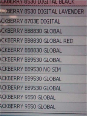 Verizon's inventory system shows BlackBerry Storm 2 9550 and Curve 8530