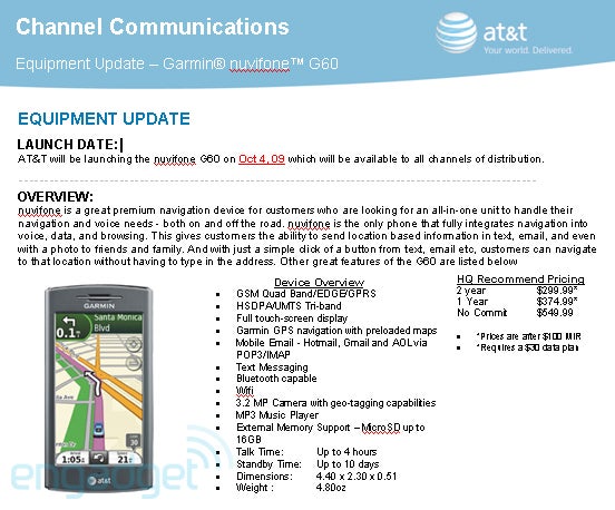 Garmin-Asus nuvifone G60 to launch October 4th at AT&amp;T?