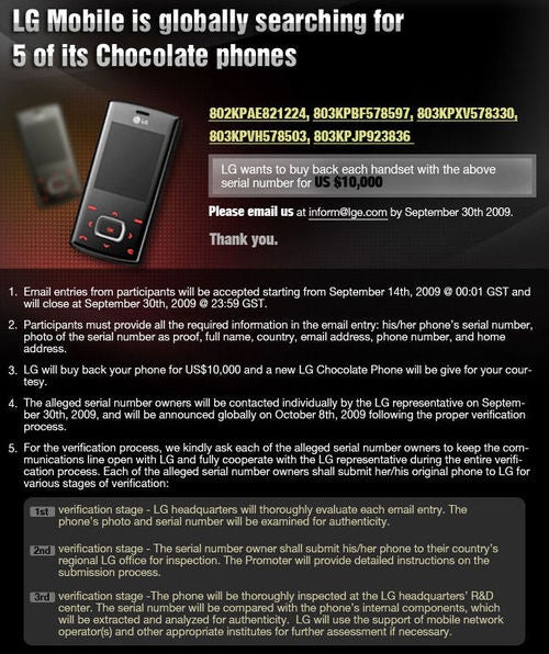 LG in the hunt for its Chocolate phones - offering $10,000 for each