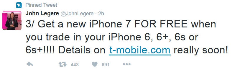 T-Mobile CEO John Legere reveals information about T-Mobile's trade-in deal for the 32GB Apple iPhone 7 - Trade in an Apple iPhone 6 or newer, and T-Mobile will give you a 32GB Apple iPhone 7 for free
