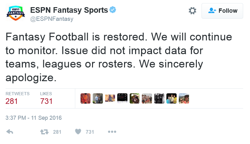 ESPN's Fantasy Sports app is back up and running - ESPN's Fantasy Sports app fails on the first Sunday of the NFL regular season