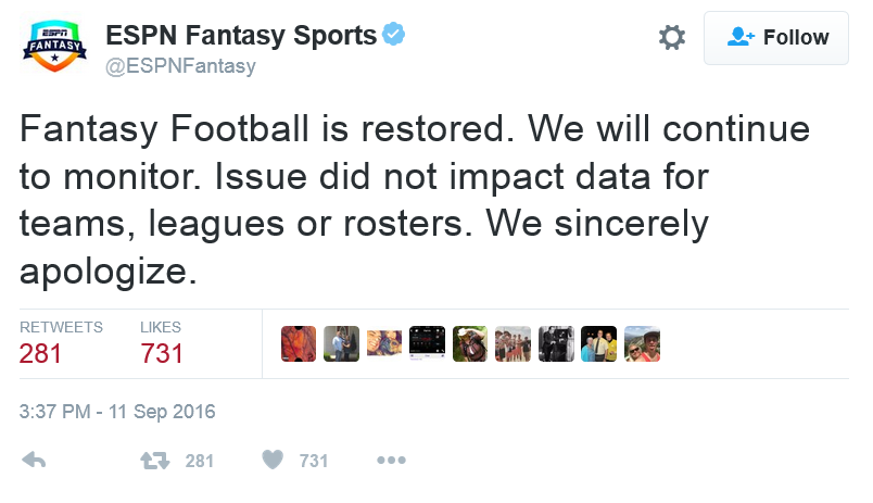 ESPN&#039;s Fantasy Sports app is back up and running - ESPN&#039;s Fantasy Sports app fails on the first Sunday of the NFL regular season