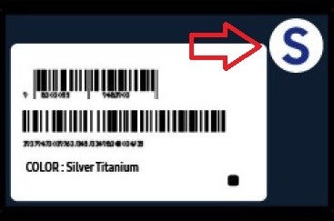 Arrow points to the white circle with the blue 'S' that will be seen near the UPC code on the box of revised Samsung Galaxy Note 7 units - Some U.S. airlines are allegedly telling passengers not to use any Samsung branded handset in-flight