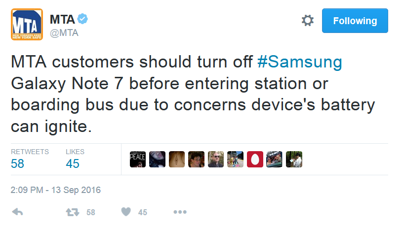 New York City&#039;s MTA tells passengers that they must shut down their Galaxy Note 7 before riding on one of their trains or buses - New York, New Jersey authorities request that riders turn off their Galaxy Note 7 on buses, trains