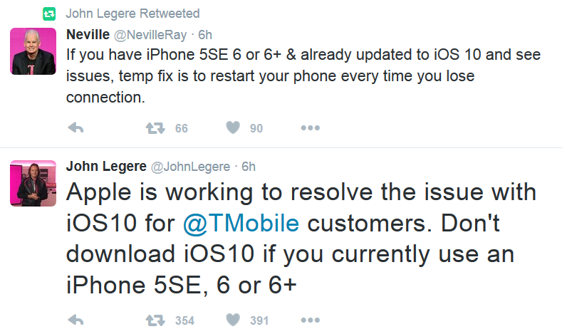 T-Mobile CEO John Legere and CTO Neville Ray warn subscribers not to install iOS 10 - T-Mobile tells subscribers 'don't update to iOS 10'