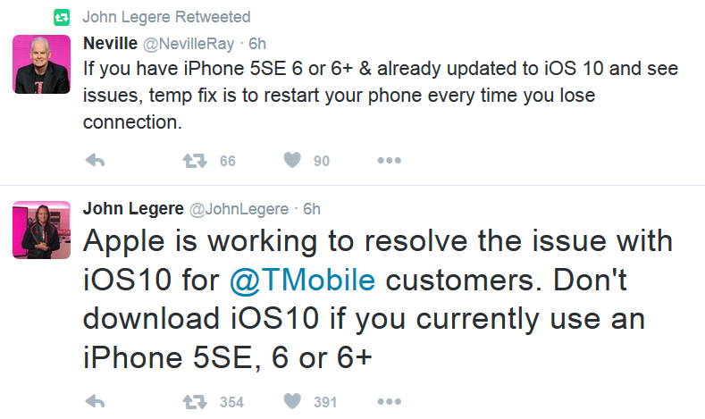 T-Mobile CEO John Legere and CTO Neville Ray warn subscribers not to install iOS 10 - T-Mobile tells subscribers &#039;don&#039;t update to iOS 10&#039;