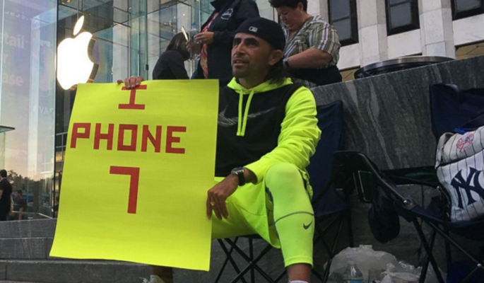 Jaime Gonzalez, first on line at the Fifth Avenue Apple Store, patiently waits for the doors to open - Man spends 23 days in front of the Fifth Avenue NYC Apple Store to pick up his iPhone 7 Plus