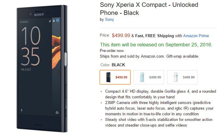 Sony Xperia X Compact now available for pre-order in the US for $499.99