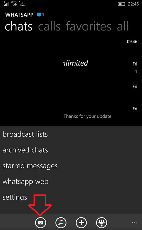 Arrow shows new camera icon added to WhatsApp beta for Windows - WhatsApp beta for Windows 10 Mobile now includes a camera icon for quick sharing of photos and video