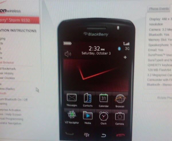 BlackBerry Storm 2 9550 emulator shows up in Verizon's system