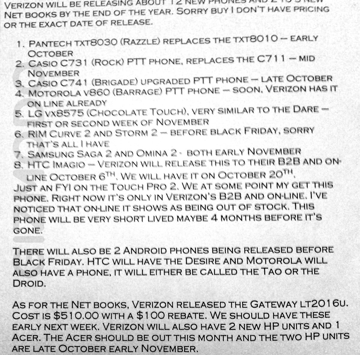 Verizon's Holiday phone lineup leaked