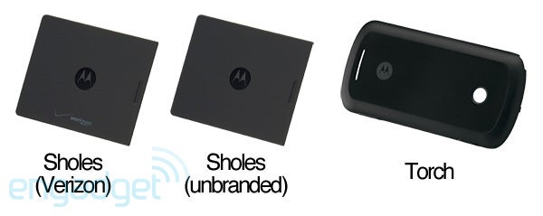 Battery covers for the Motorola Droid/Sholes/Tao are pictured