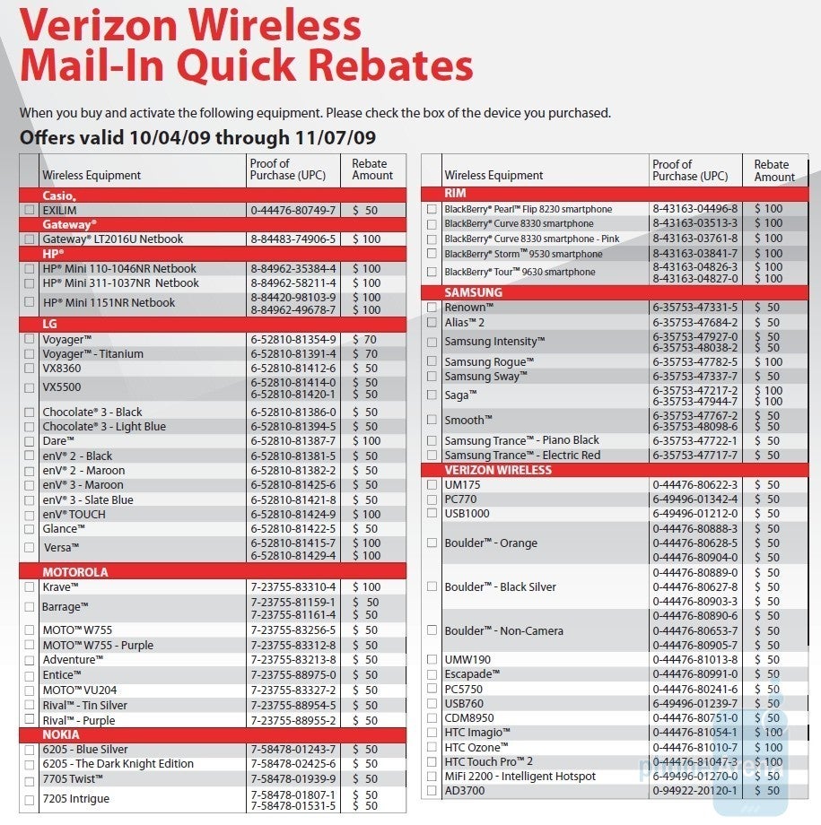 Verizon's October rebate form missing some new phones?