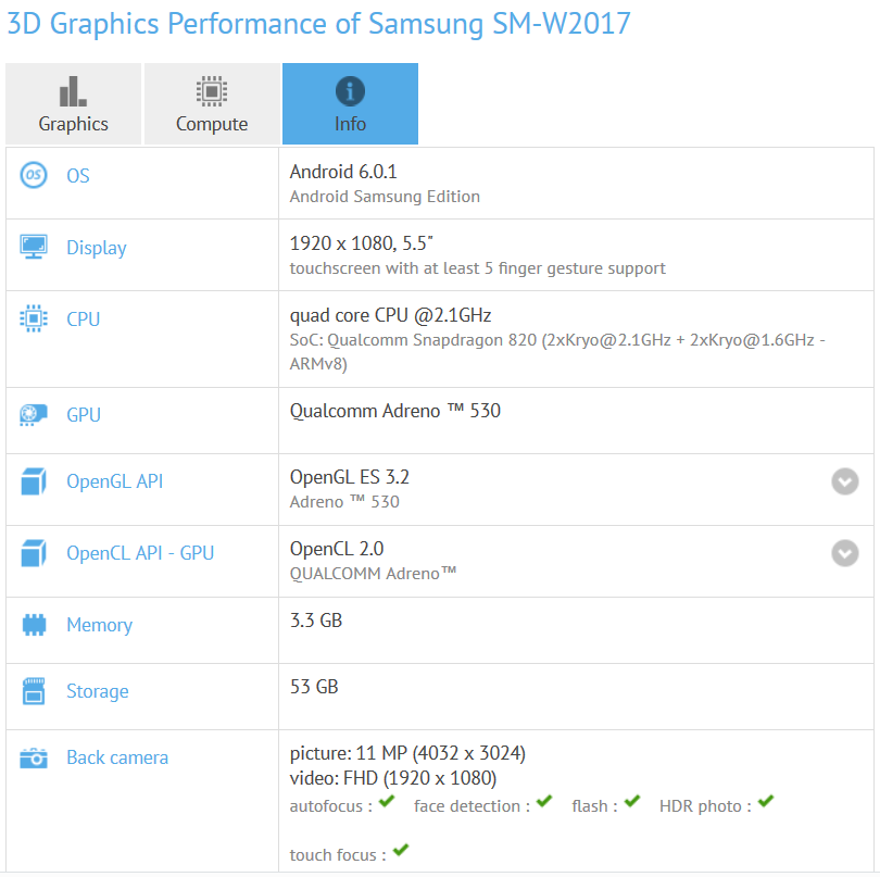 The SM-W2017 is run through the GFXBench benchmark test - Samsung's high-end Android clamshell spotted on GFXBench, specs revealed