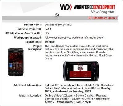 More evidence of October 21st BlackBerry Storm2 9550 Verizon launch