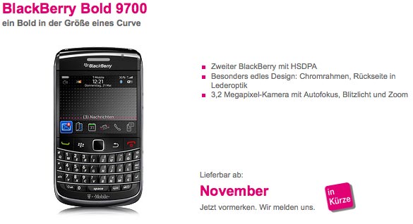 The RIM BlackBerry Bold 9700 rolls out November?