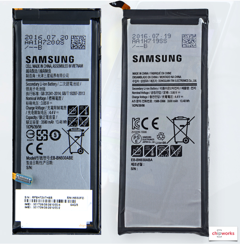 Note 7 battery cells assembled in China (right) for the local market aren&#039;t part of the recall - Note 7 recall in China &#039;full of arrogance,&#039; claims state TV, taking on another foreign company