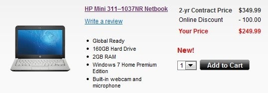 HP Mini 311-1037NR Netbook now for sale through Verizon&#039;s web site