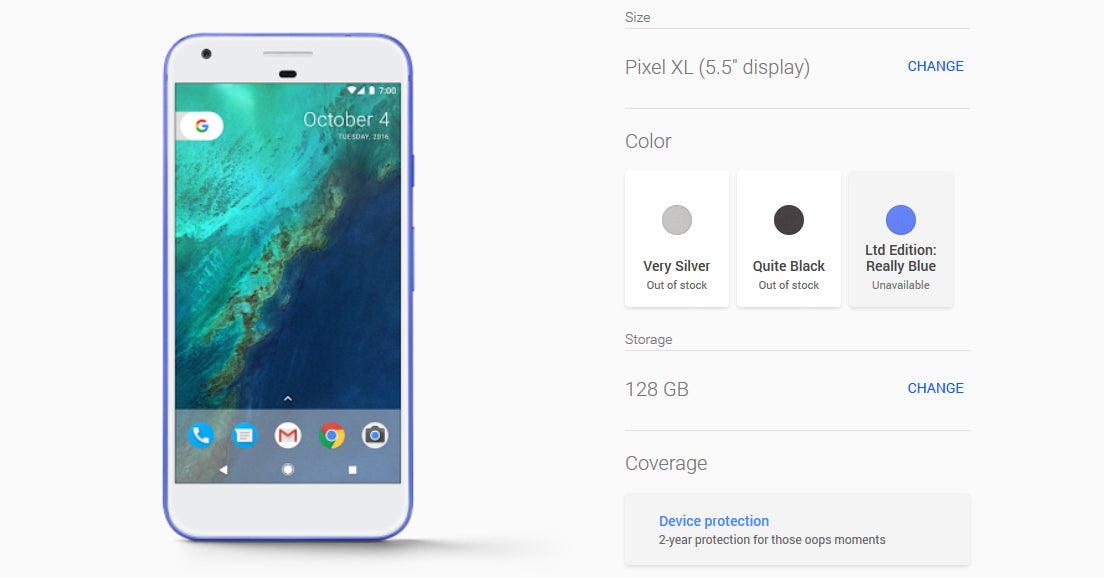 Quite sold out - there's only one variant of the Pixel XL available to pre-order at the Google Store - Google Store sold out of 128 GB Pixel XL; only one 32 GB version left (Update: all gone)
