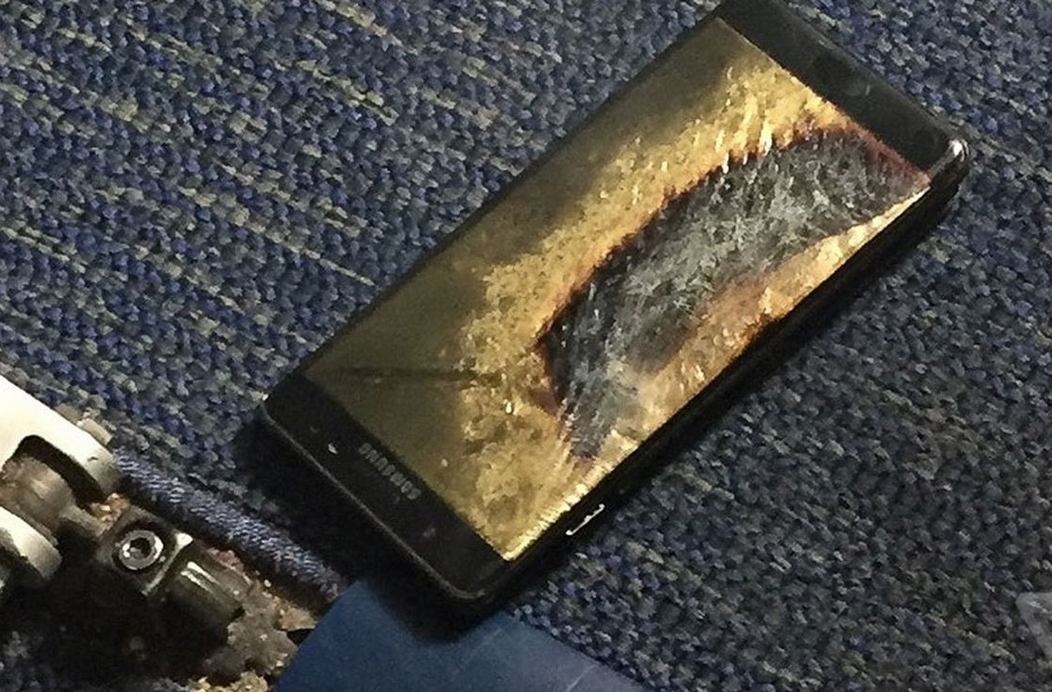 This supposedly &quot;safe&quot; Samsung Galaxy Note 7 lies on the floor of a Southwest Airlines plane after exploding on Wednesday - Sprint is talking to Samsung about an exchange program for the replacement Galaxy Note 7 units?