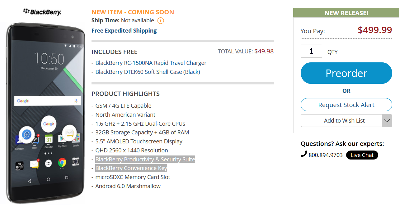 Pre-order the BlackBerry DTEK60 from B&H - BlackBerry DTEK60 now available for pre-orders in the U.S. for $499.99 from B&H