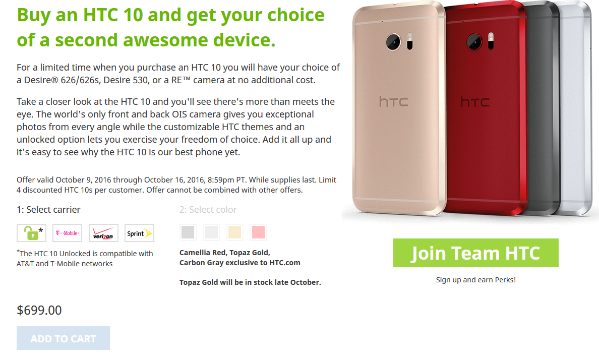 Buy an HTC 10 from the manufacturer and get a free Desire 626/626s, Desire 530 or a RE Camera - Buy the HTC 10 from the manufacturer and get a Desire 626/626s, Desire 530 or a Re Camera for free