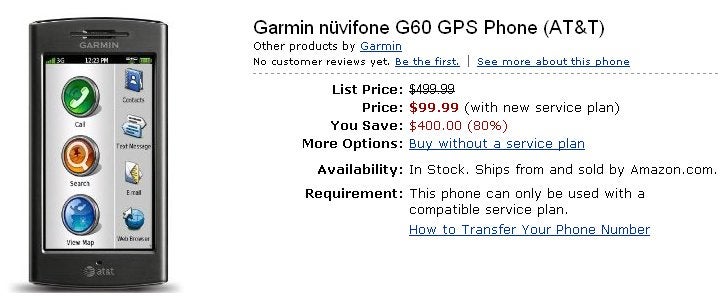 Garmin nuvifone G60 getting a much needed price break to $100 on Amazon