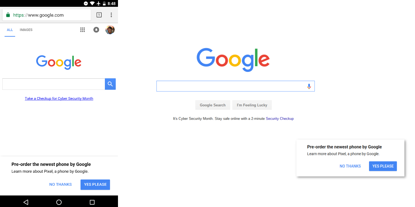 The pop-up ad is being displayed on both desktops and mobile devices - Google homepage promotes Pixel pre-orders despite the stock being exhausted for most models