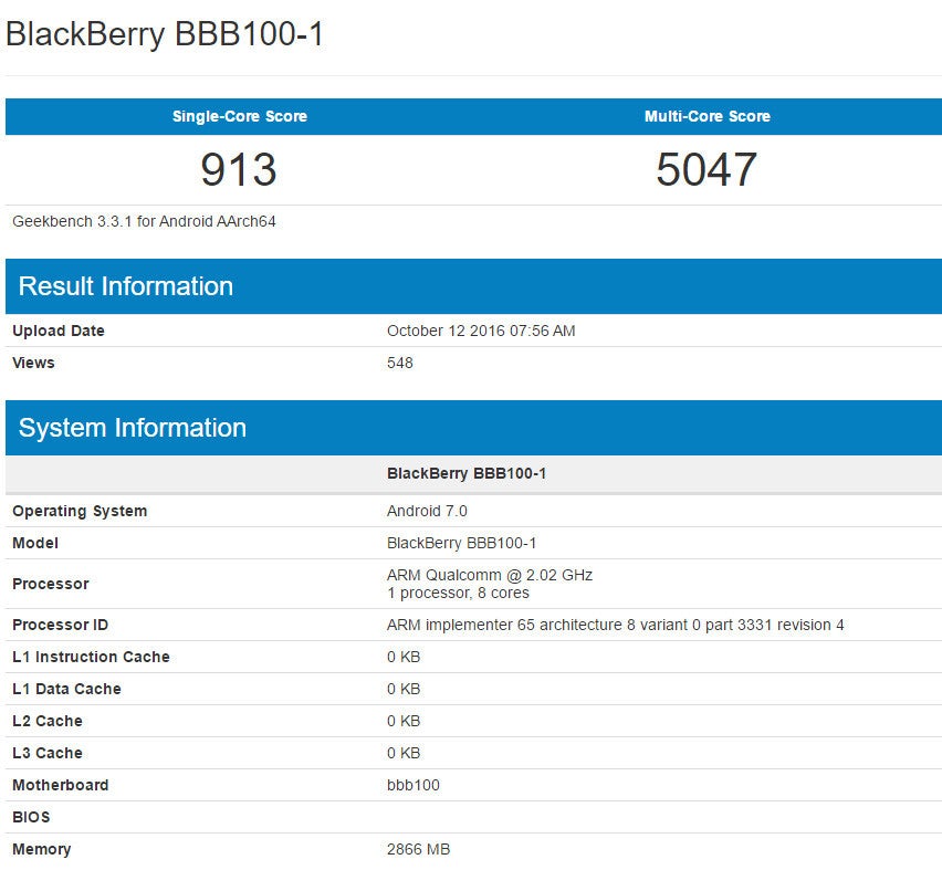 BlackBerry “Mercury” spotted in benchmark with Snapdragon 625 CPU, Android 7.0 Nougat