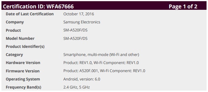 The dual-SIM Samsung Galaxy A5 (2017) (SM-A520F/DS) has been certified by the Wi-Fi Alliance - Samsung Galaxy A5 (2017) certified by the Wi-Fi Alliance