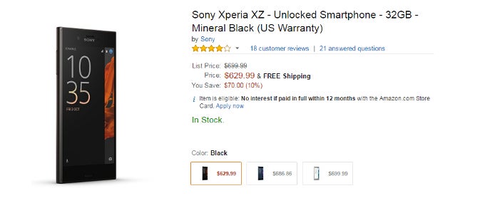 The Black Sony Xperia XZ is selling for $629.99 on Amazon - Deal: Sony Xperia XZ new and unlocked with $70 discount