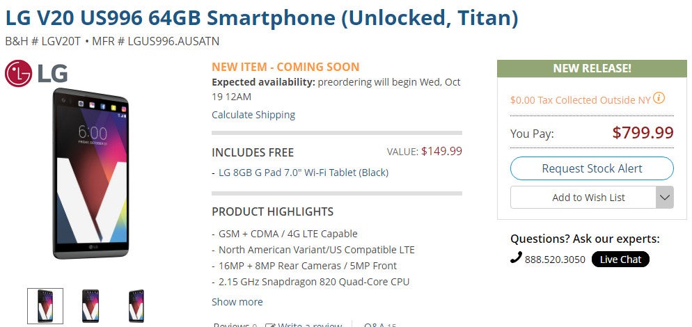 Unlocked LG V20 costs $799 in the U.S., comes with free LG G Pad tablet in tow
