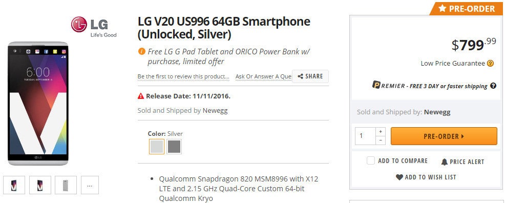 Unlocked LG V20 costs $799 in the U.S., comes with free LG G Pad tablet in tow