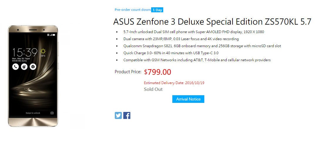 Asus Zenfone 3 Deluxe sold out in the U.S., next shipments arrive on October 26