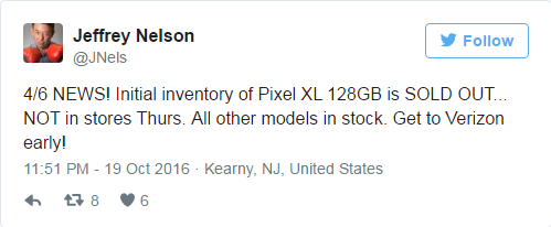 The 128GB Google Pixel XL won&#039;t be available at Verizon stores tomorrow