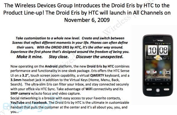More leaked info shows HTC Droid Eris to launch at Verizon, November 6th at $99