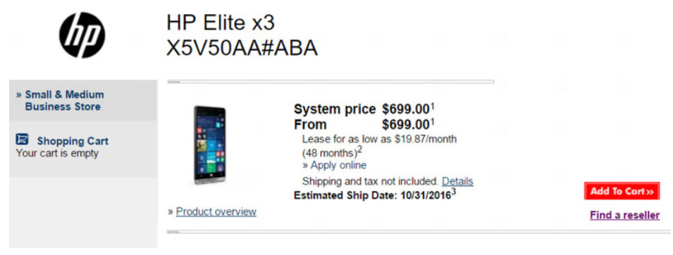 HP is selling the Elite x3 unbundled on its SMB website - HP prices its high-end Windows 10 Mobile phone in the U.S. minus the Desk Dock