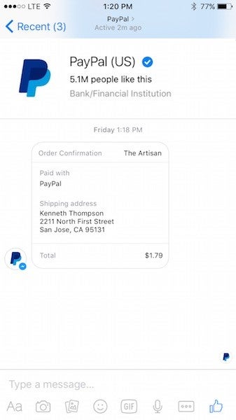 Facebook Messenger now features PayPal payments in bots, notifications too